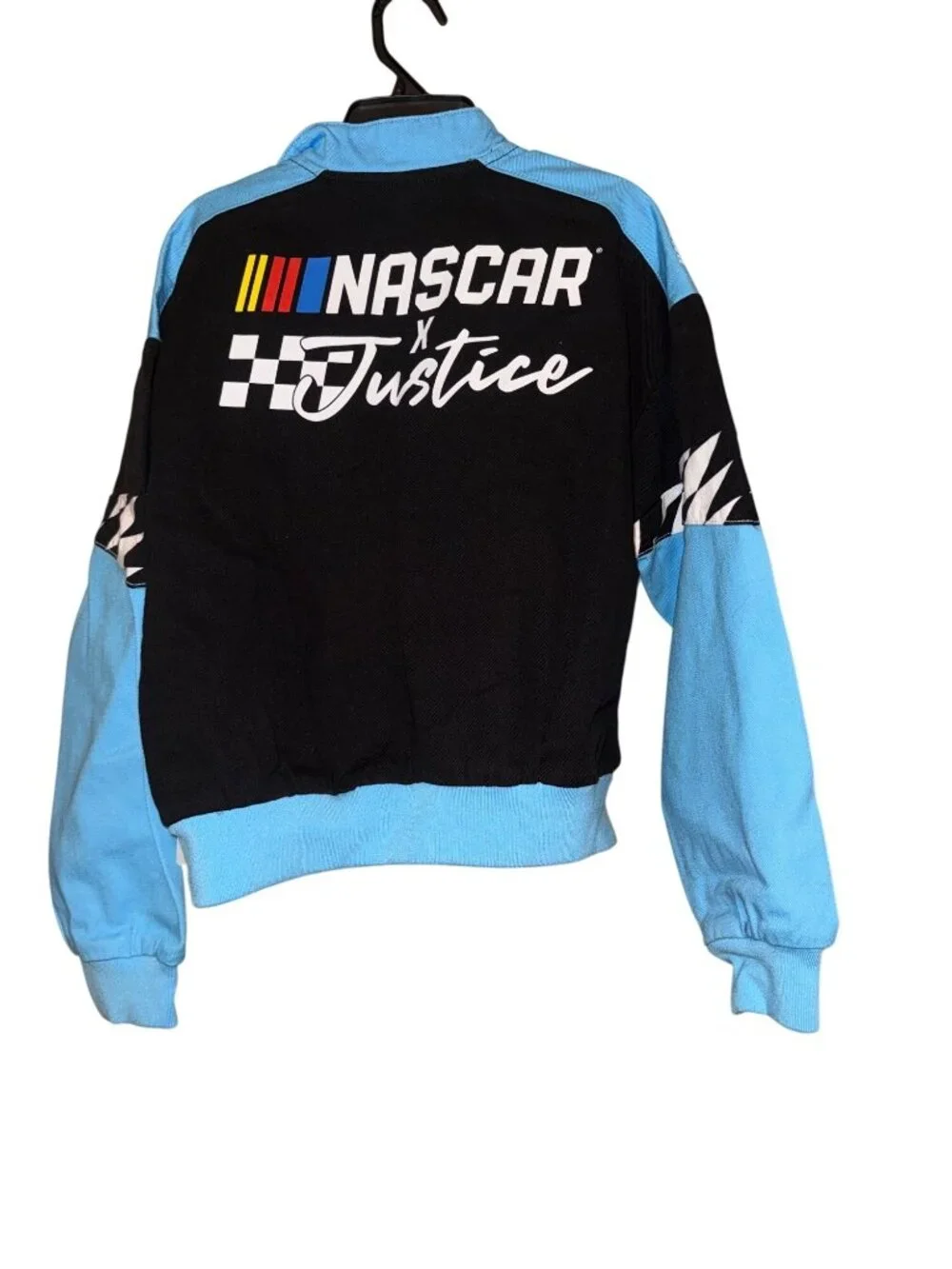 NASCAR X Justice Girls Racing Jacket Black & Blue Snap Closure Size S (7-8) Cott